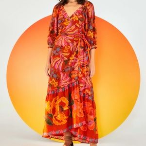 Brand New Farm Rio Red Sprint Bananas Maxi Wrap Dress